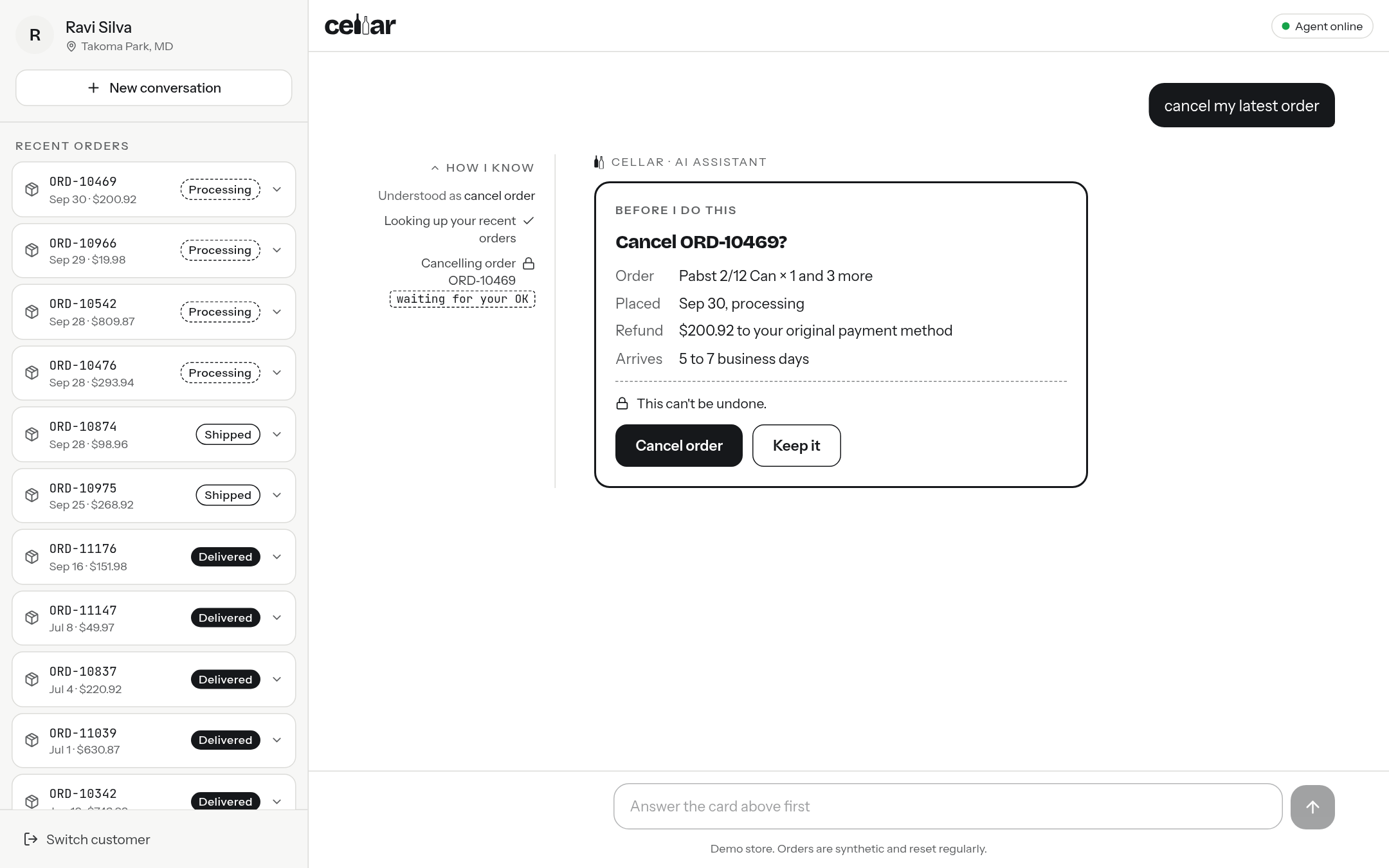 The agent asking for confirmation before cancelling an order