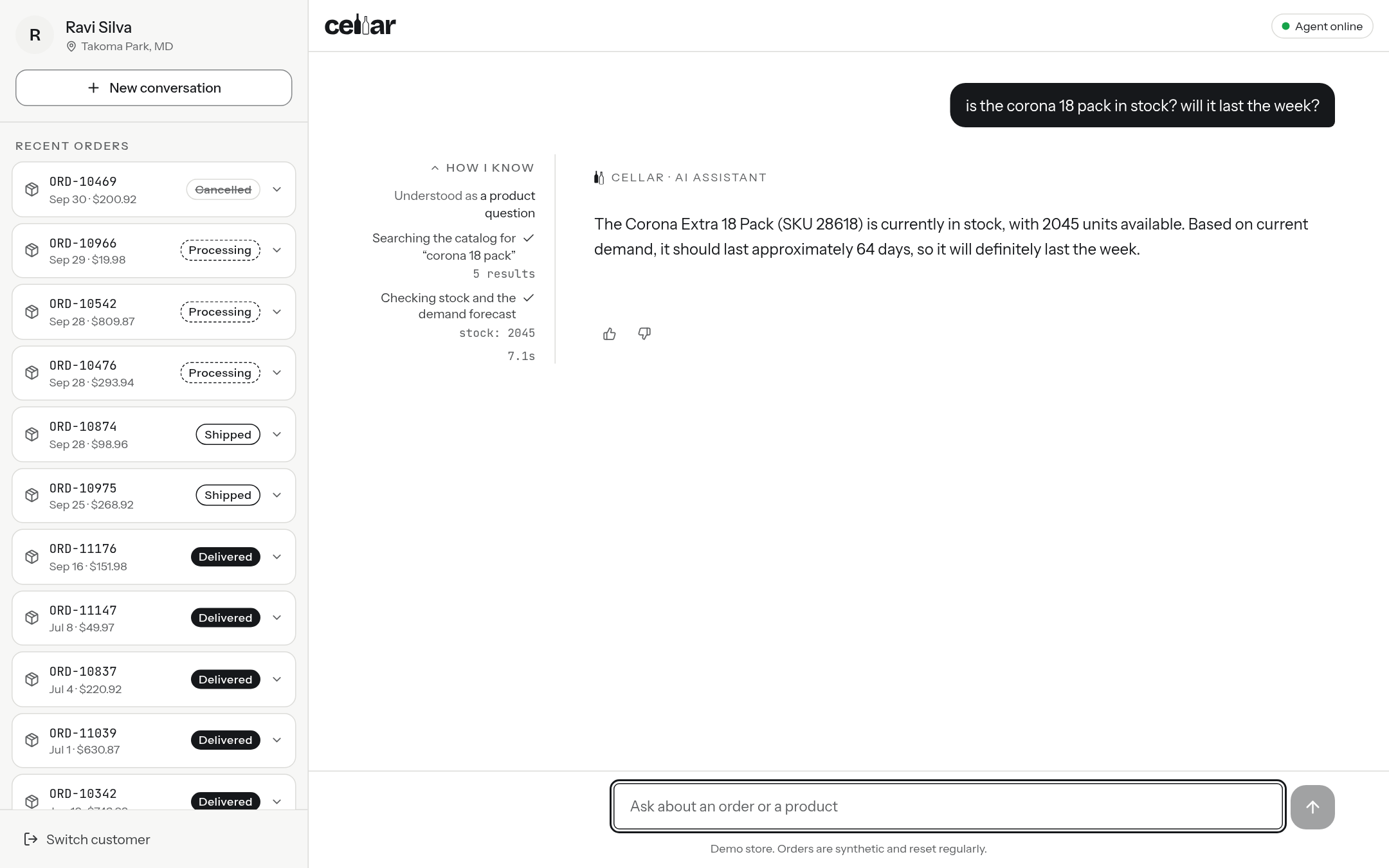 The agent answering a stock question with its steps listed in the margin