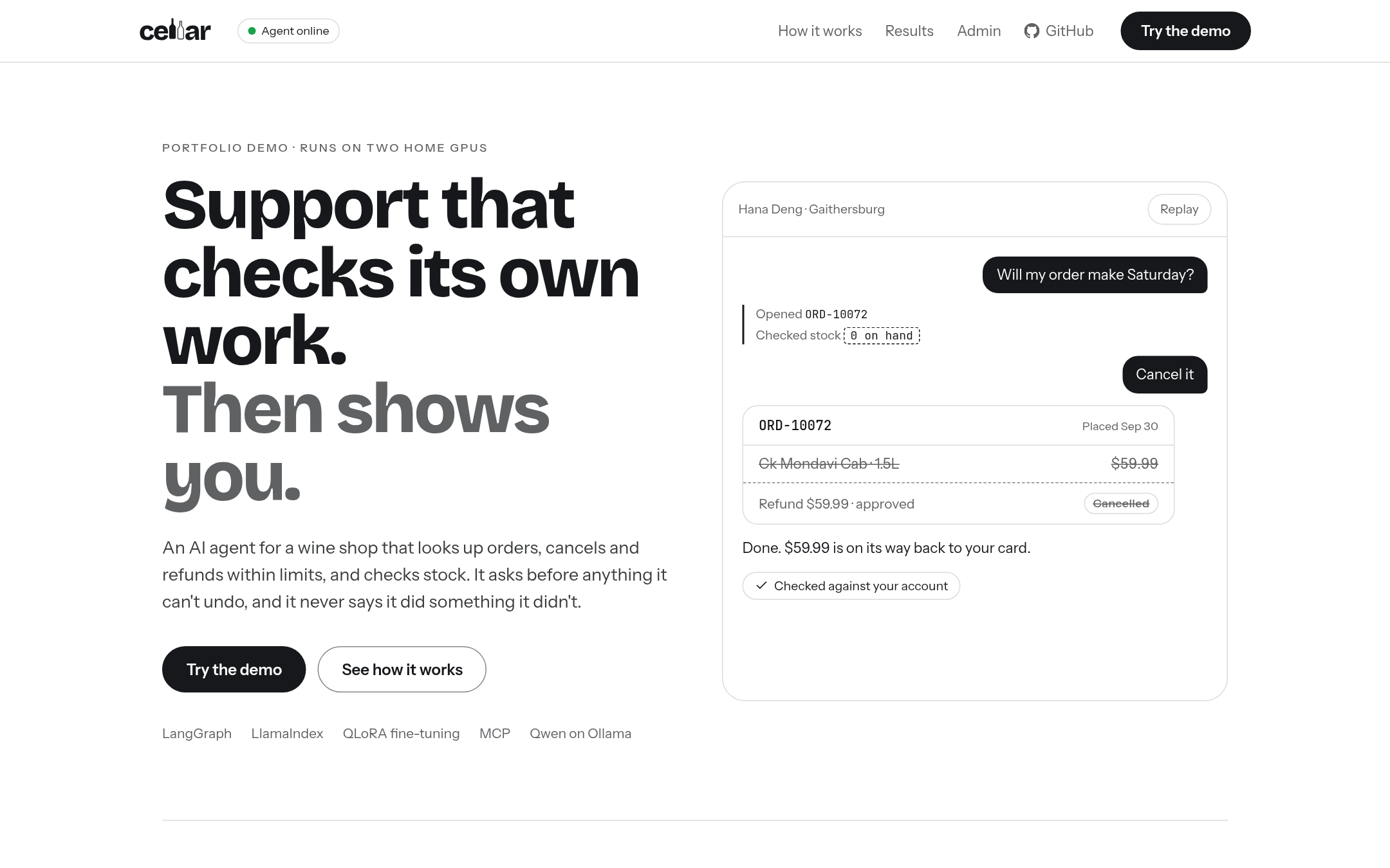 The cellar landing page with a live demo of the agent cancelling an order